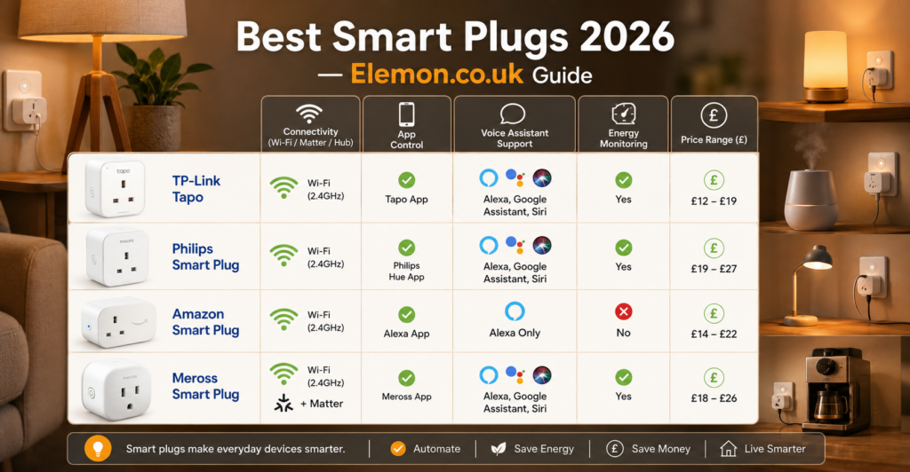 Smart Plug Models Best Smart Plug Models for UK Homes in 2026. TP-Link Tapo P110M, Eve Energy, Philips Hue Smart Plug, Aqara Smart Plug, Amazon Smart Plug