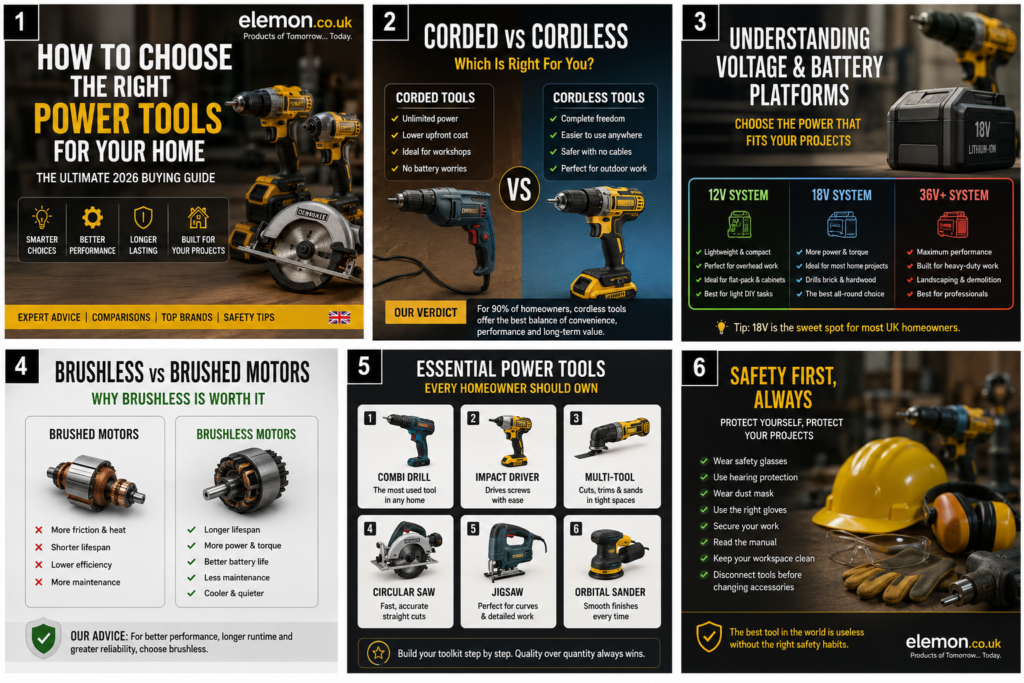 How to Choose the Right Power Tools for Your Home (UK 2026): The Ultimate Smart Buying Guide Learn how to choose the right power tools for your home with Elemon.co.uk's complete UK 2026 buying guide. Compare cordless vs corded tools, understand battery platforms, brushless motors, and discover expert tips to build the perfect DIY workshop.