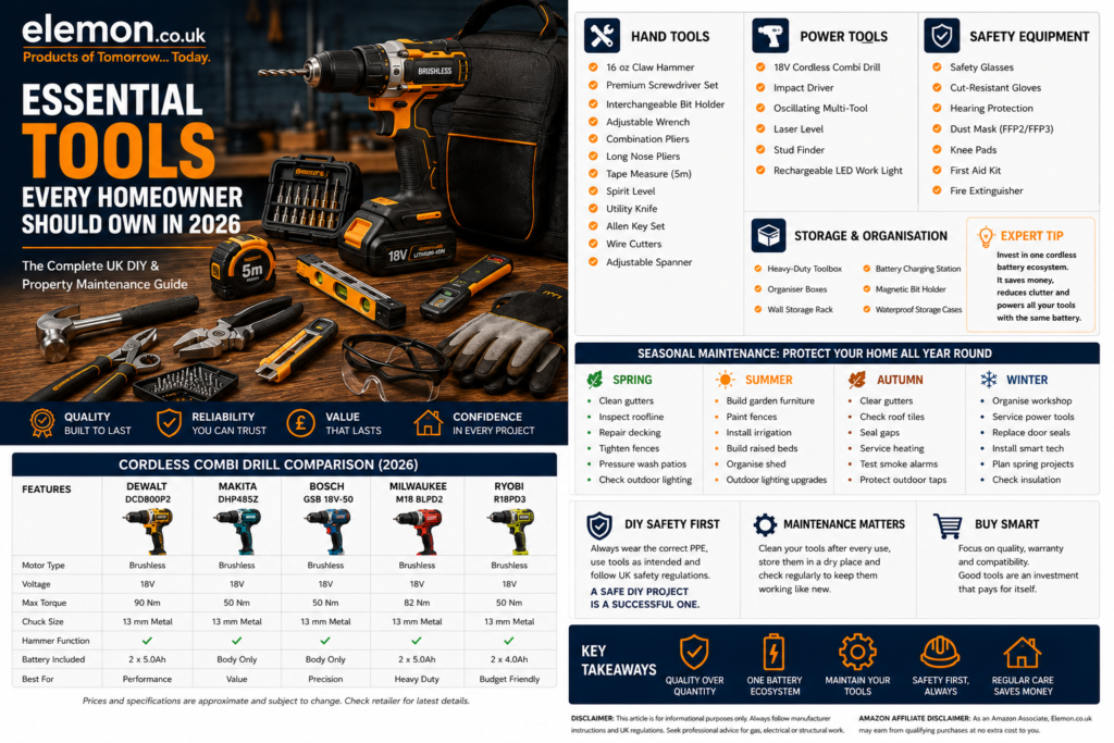 Essential Tools Every Homeowner Should Own in 2026 Essential tools every homeowner should own in 2026, including cordless drill, hand tools, toolbox and safety equipment in a modern DIY workshop by Elemon.co.uk.