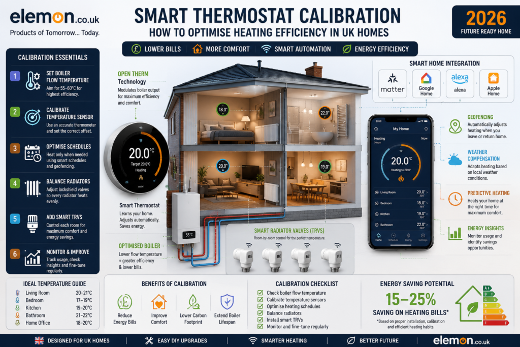 Smart Thermostat Calibration Checklist – The Complete UK Home Heating Optimisation Guide (2026) Comprehensive smart thermostat calibration infographic showing boiler optimisation, OpenTherm technology, smart radiator valves (TRVs), Matter integration, room-by-room heating control and energy-saving tips for UK homes. Designed by Elemon.co.uk.Comprehensive smart thermostat calibration infographic showing boiler optimisation, OpenTherm technology, smart radiator valves (TRVs), Matter integration, room-by-room heating control and energy-saving tips for UK homes. Designed by Elemon.co.uk.