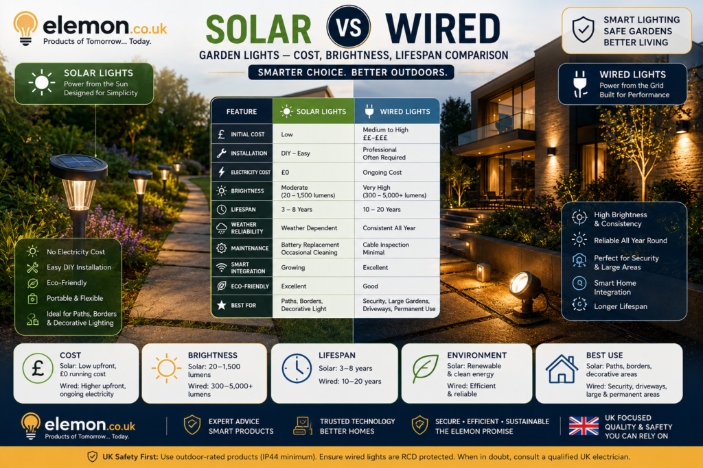 Solar vs Wired Garden Lights Comparison (2026 UK Guide) | Elemon.co.uk Comparison infographic showing solar vs wired garden lights, including cost, brightness, lifespan and installation differences for UK homeowners by Elemon.co.uk.