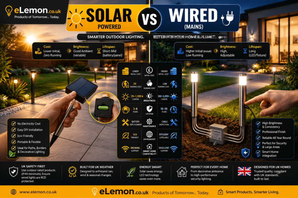The Ultimate Solar vs Wired Garden Lights Guide (UK 2026): Cost, Brightness & Lifespan Compared