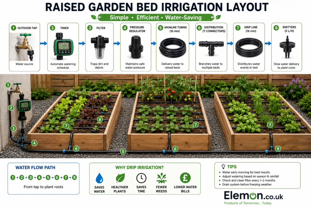 Raised Garden Bed Drip Irrigation System in a UK Garden Modern raised garden beds fitted with a drip irrigation system and automatic watering timer in a UK home garden.Modern raised garden beds fitted with a drip irrigation system and automatic watering timer in a UK home garden.