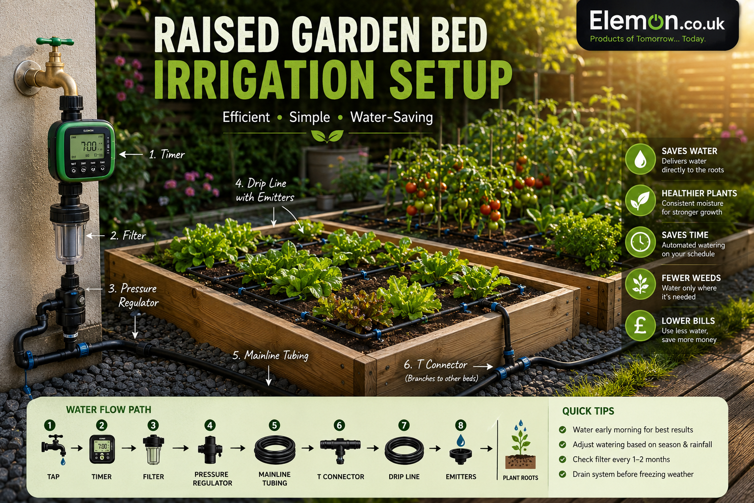 Illustrated layout showing the components of a raised garden bed drip irrigation system.