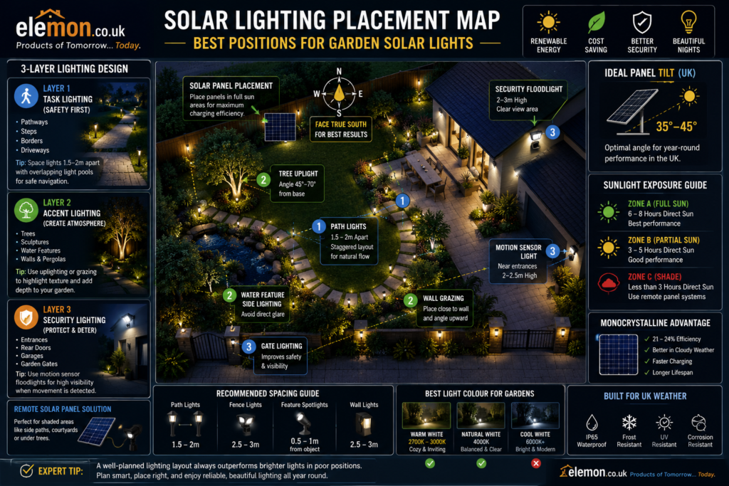Solar Lighting Placement Map – Professional Garden Layout Guide (UK 2026) Infographic showing the best solar lighting placement for UK gardens with pathway lights, accent lighting, security lighting, solar panel positioning, sunlight zones and recommended installation distances.