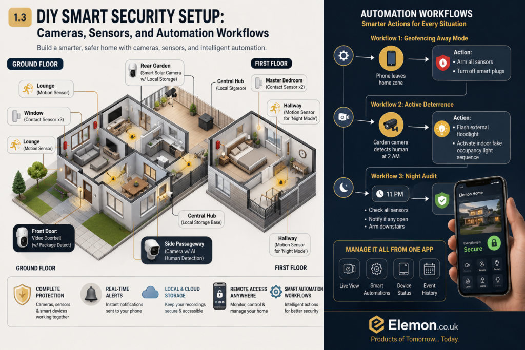 DIY Smart Home Security Setup Guide (2026 UK Edition) Modern smart home security system with AI cameras, motion sensors, smart locks, video doorbell, automated lighting, and mobile monitoring dashboard.