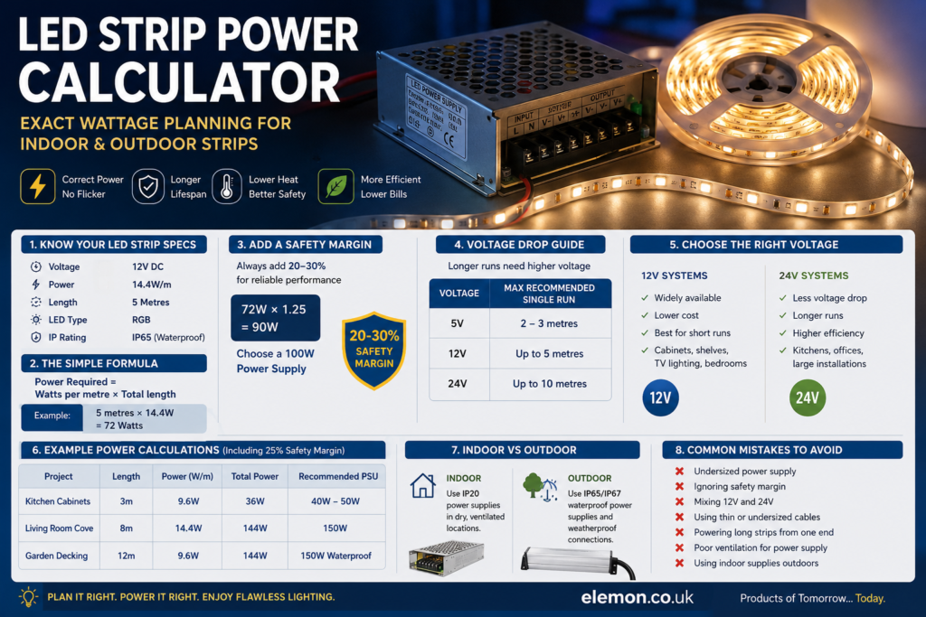 LED Strip Power Calculator – Exact Wattage Planning for Indoor & Outdoor Strips | Elemon.co.uk Infographic showing how to calculate LED strip power requirements, including wattage calculations, voltage selection, safety margins, and indoor versus outdoor LED strip installation guidance.